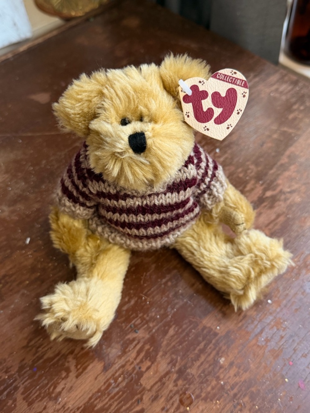 Ty Golden Brown Plush Bear with Maroon and Cream Striped Sweater